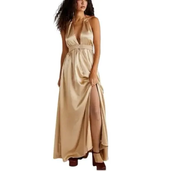 Free People Gold Look Into the Sun Satin Maxi Gown Medium - Picture 5 of 10